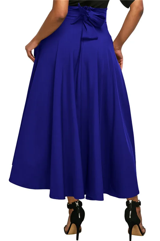 SEBOWEL синяя Ретро Высокая талия плиссированная поясом макси юбка Женская Плюс Размер винтажная длинная короткая юбка-трапеция XXL