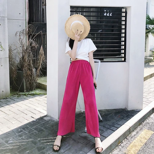 Летние Элегантные женские брюки с высокой талией Pantalon Mujer корейские Boho пляжные шифоновые свободные длинные плиссированные широкие брюки 0732LW503 - Цвет: Meihong