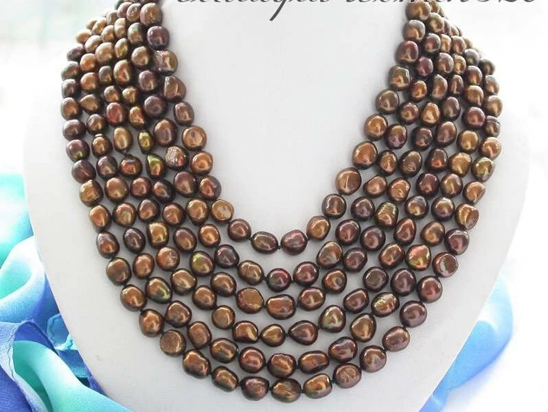 

Z3621 Great 6row 21" 11mm baroque coffee freshwater pearl necklace AAA