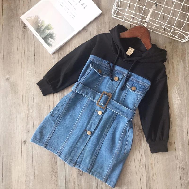 

baby dress for girl long sleeve dress withe sahes 2018 spring children hoodies jeans dresses kids leisure clothing