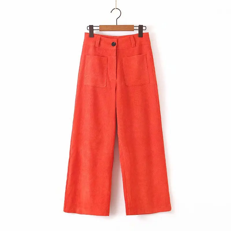 2019 Corduroy Work Women's Pant Suit Double Breasted Office Lady Jacket Blazer & Wide Leg Pants Two Piece Sets Female Trouser