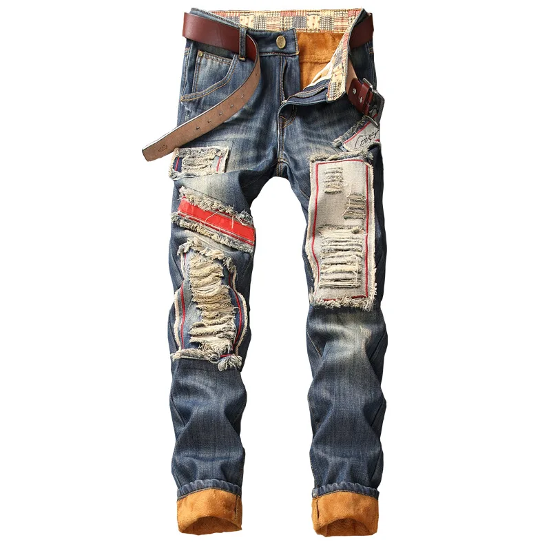 Newsosoo мужские зимние теплые рваные джинсы, брюки с флисовой подкладкой, потертые джинсовые брюки, плотные теплые потертые джинсы в стиле пэчворк - Цвет: 1