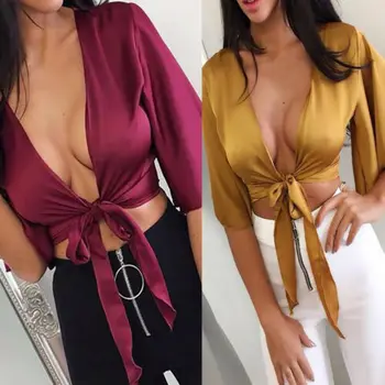 Womens Ladies Solid Sexy Deep V Neck Bandage Tie Up Knot Flared Sleeved Cropped Top Plunge Shirt sexy baby blue deep v neck self tie flounced crop top