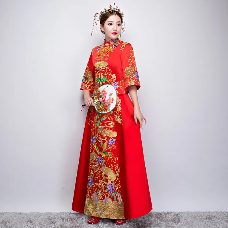 Традиционная китайская вышивка Феникс Cheongsam Qipao свадебное платье Vestido Oriental вечерние платья невесты Традиции платье