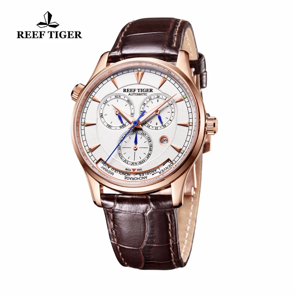 Reef Tiger/RT Брендовые мужские автоматические часы World Time Дата день месяц розовое золото кожа Двойные часы Relogio Masculino RGA1951
