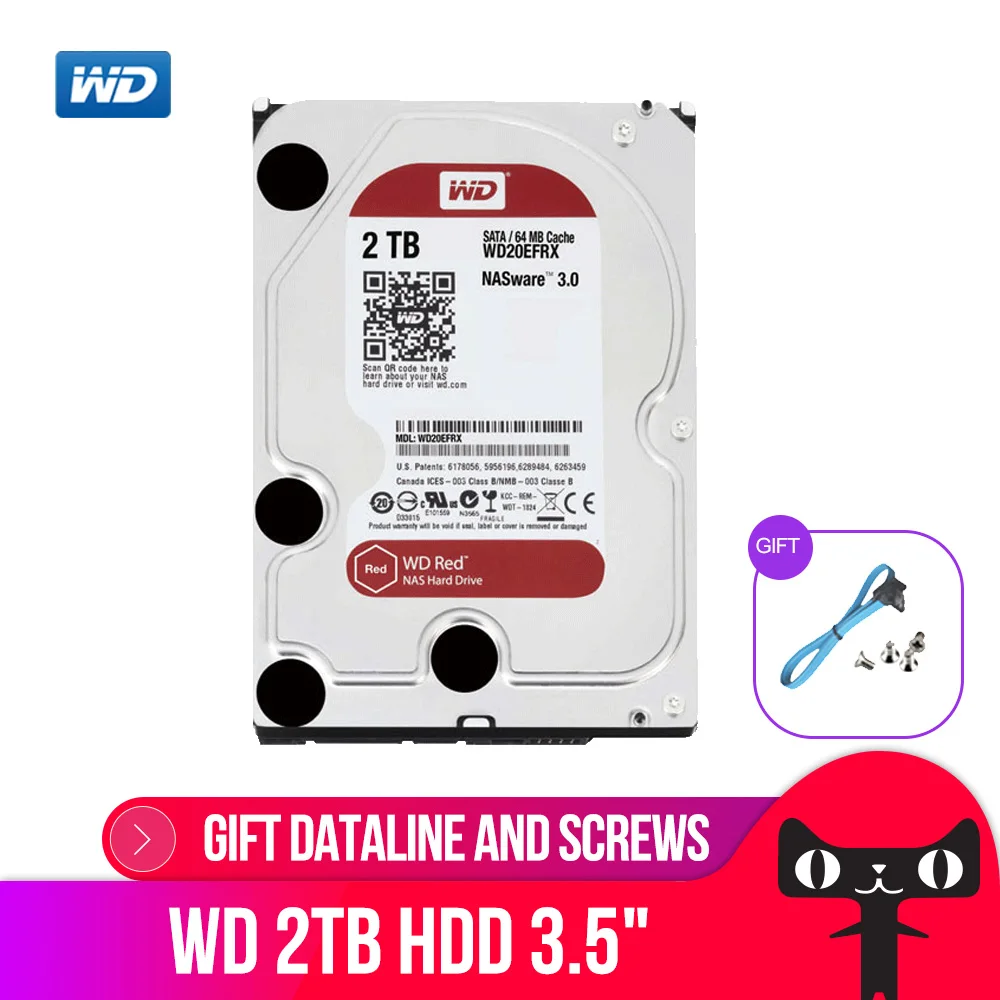 Жесткий диск Western Digital WD Красный NAS кабель для подключения жесткого диска 2 ТБ 3 ТБ 4 ТБ-5400 об/мин Класс SATA 6 ГБ/сек. 64 Мб Кэш 3,5 дюйма для Decktop Nas