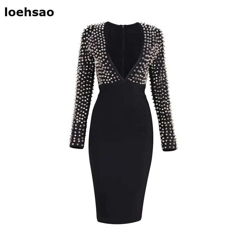 

Top sexy autumn women dress sheath rivet deep v-neck black knee-length celebrity evening club bodycon bandage dresses