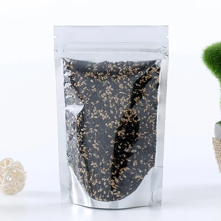 One Side Clear Silver Aluminum Foil Ziplock Packaging Bag Stand up Resealable Glossy Foil Plastic Heat Sealing Storage Pouches 6