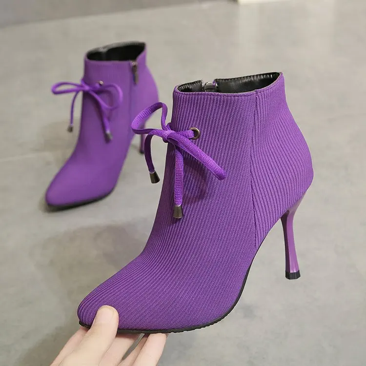 US $10.68 Women Boots Corduroy ButterflyKnot Boots High Heels Party Shoes Winter Plus Velvet Keep Warm Female Boots Zapatos De Mujer