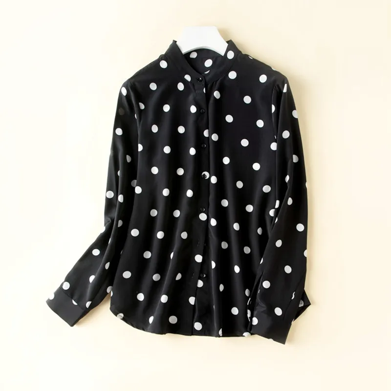 

2019 Spring Printed Crepe de Chine Silk Shirt Wave point Female Silk Temperament Comfortable Fashion All-Match Leisure Shirt