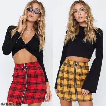 

2019 Women Summer Casual High Waist Plaid Zipper A-line Mini Skirt Ladies Sexy Skirts Above-knee