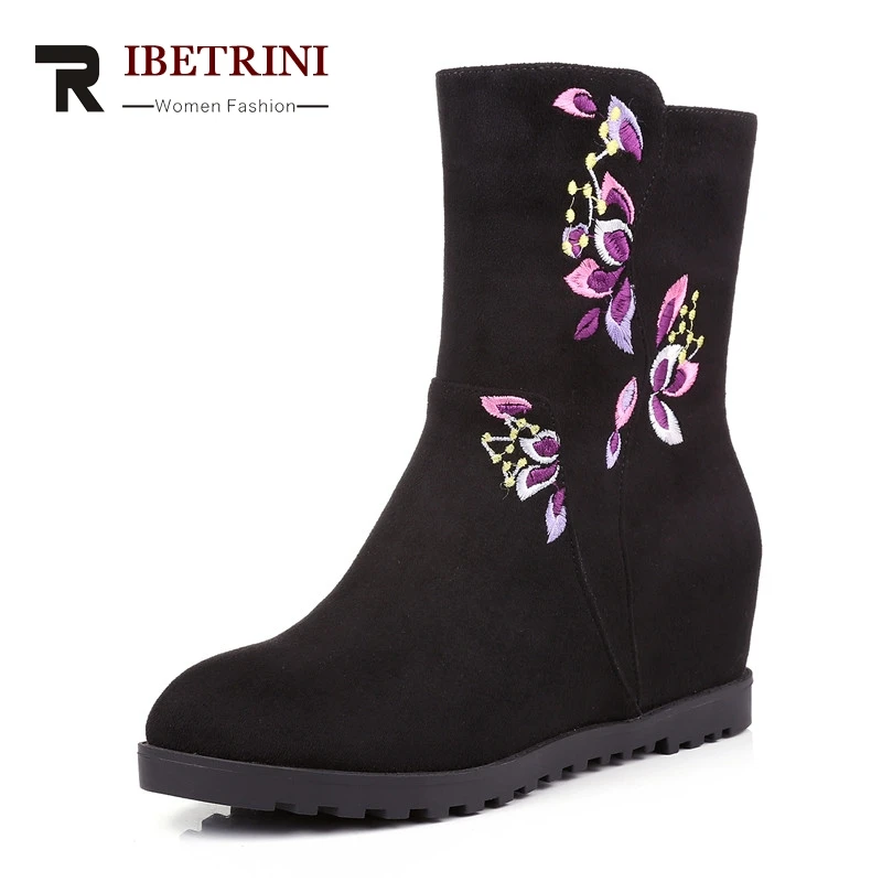 

RIBETRINI 2018 Winter Elegant Embroider Solid Ankle Boots Platform Concise Med Increase Internal Women Shoes Large Size 34-40