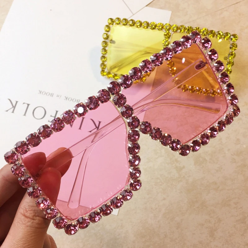 

RSSELDN Oversize Sunglasses Women Luxury Rhinestone Yellow Pink Sunglasses Vintage shades for women Gradient Shades Eyewear