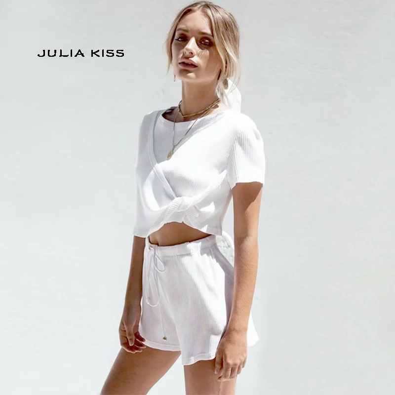 

Women Twist Detail Ribbed Tee with Drawstring Waist Rib Shorts Summer Sets
