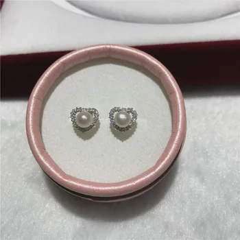 

popular Natural freshwater white pearl AAA 5-6mm 925 sterling silver Good quality zircon inlay heart earrings size 12MM