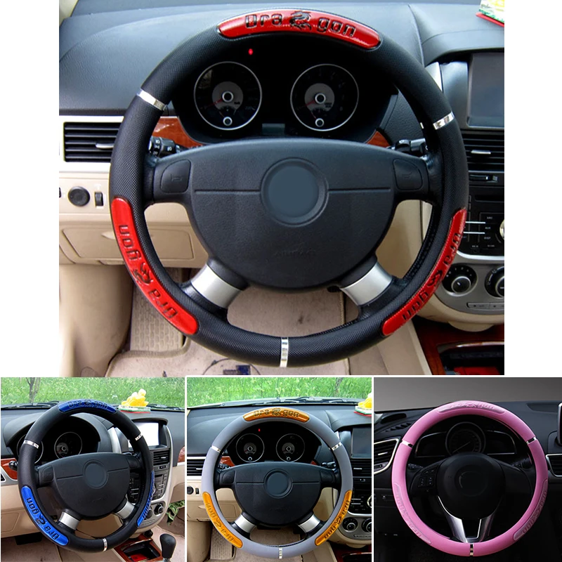 

38CM 15inch Car Steering Wheel Cover Anti-catch Holder Protector Car Steering Wheel Cover Drangon Design Faux Leather Auto