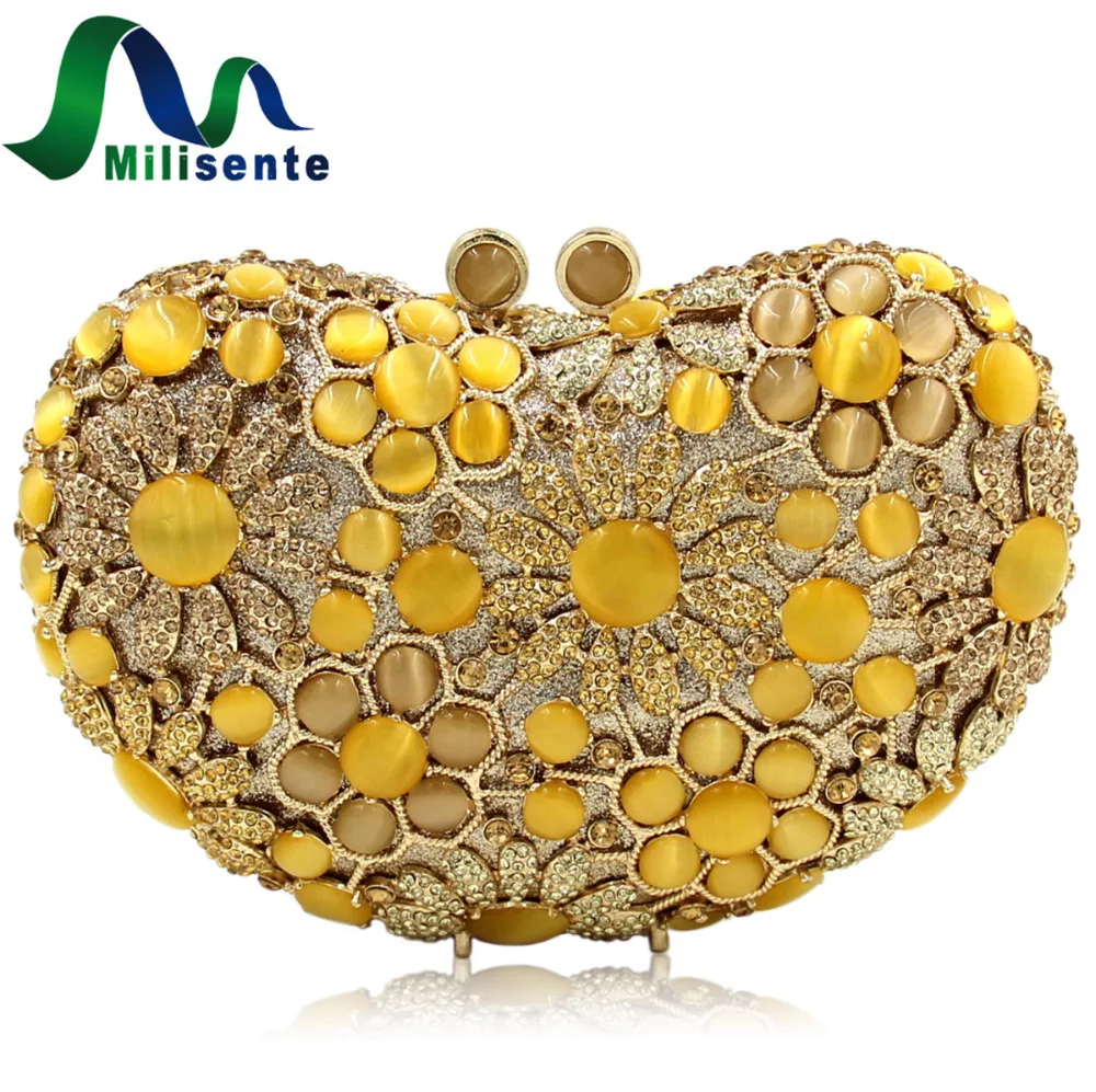 

Milisente Precious Stone Crystal Bag Yellow Wedding Bags Designer Women Handbag Heart Shape Purse Party Clutches Lady Day Clutch