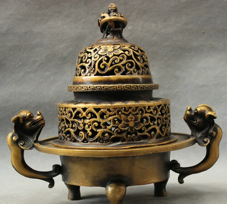 

JP S0608 Folk Tibet Bronze Buddhism Dragon Unicorn Statue Flower Incense Burner Censer