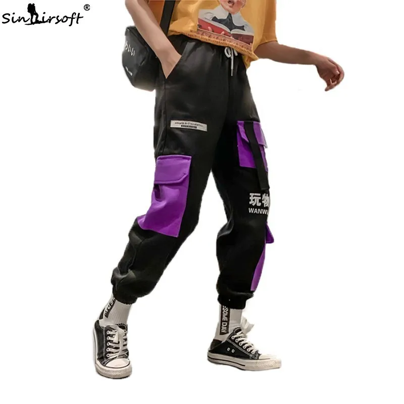 

Drawstring Waist Women's Loose Cargo Pants Letter Pattern Streetwear Hip Hop Ankle-Length Pants Patchwork Big Pockets Trousers