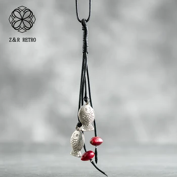 

Vintage Jewelry for Women Fish & Wood Beads Pendant Long Necklace necklaces & pendants Black Rope Chain Chokers suspension Alloy