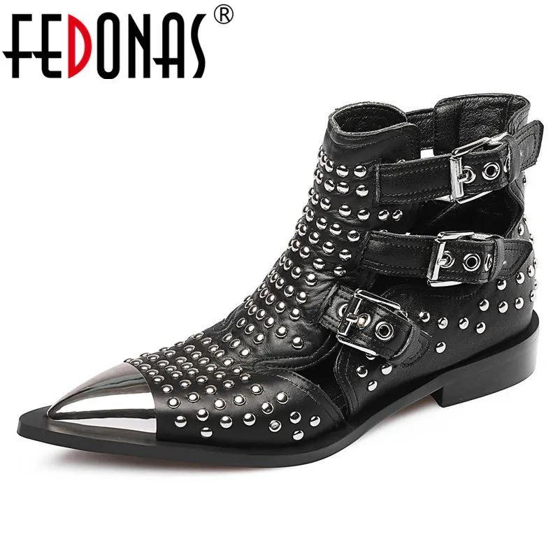 

FEDONAS 2019 Brand Design Pointed Toe Women Ankle Boots Fashion Punk Rivet High Heels Party Shoes Woman Hollow Summer Shoes