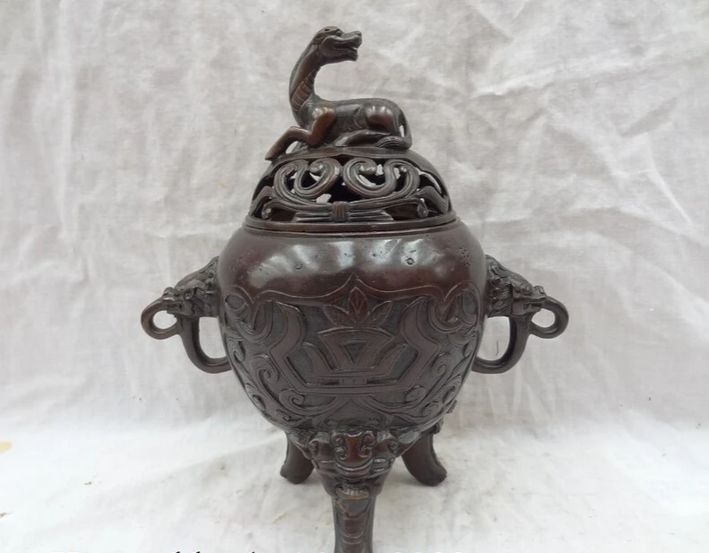 

S3313 10" Tibet Bronze Deer Unicorn Elephant Statue Buddhism Incense Burner Censer D0317