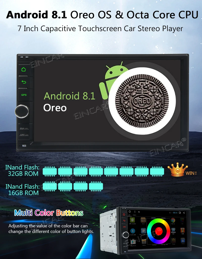  Double Din Android 8.1 Octa Core RAM 2G ROM 32G GPS Navigation Head Unit Audio Radio 1080P Video Pl