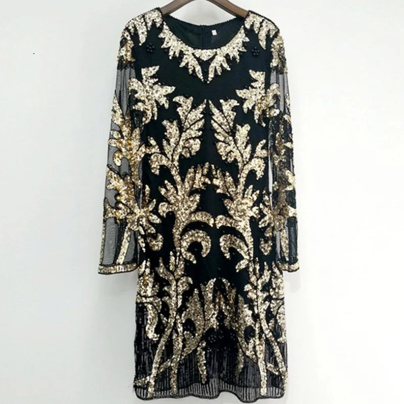 Beading Sequined Lace Dresses Women Fashion O-Neck Long Sleeve Luxury Knee-length Dress 1