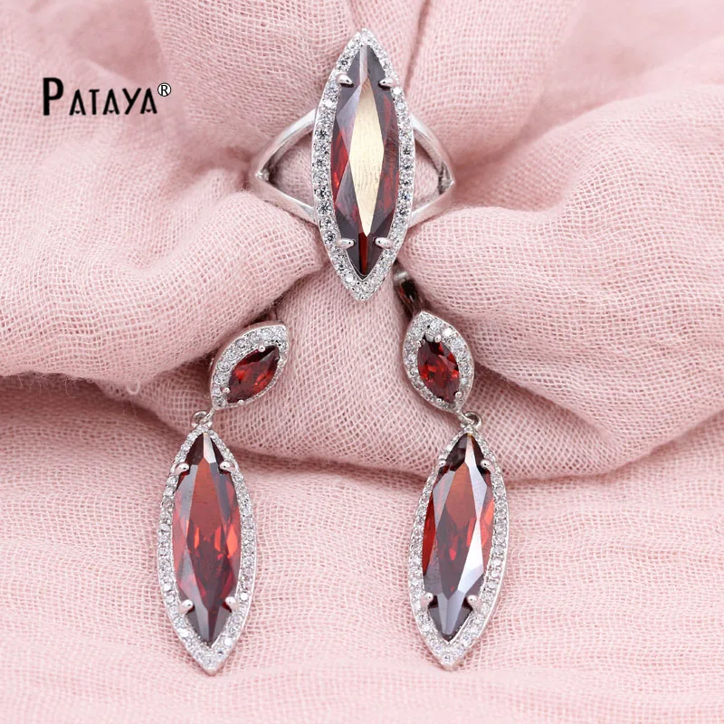 

PATAYA Rainbow Jewelry Set True White Gold Water Drop Natural Cubic Zircon Earrings Ring Sets Women Weddings Accessories Jewelry