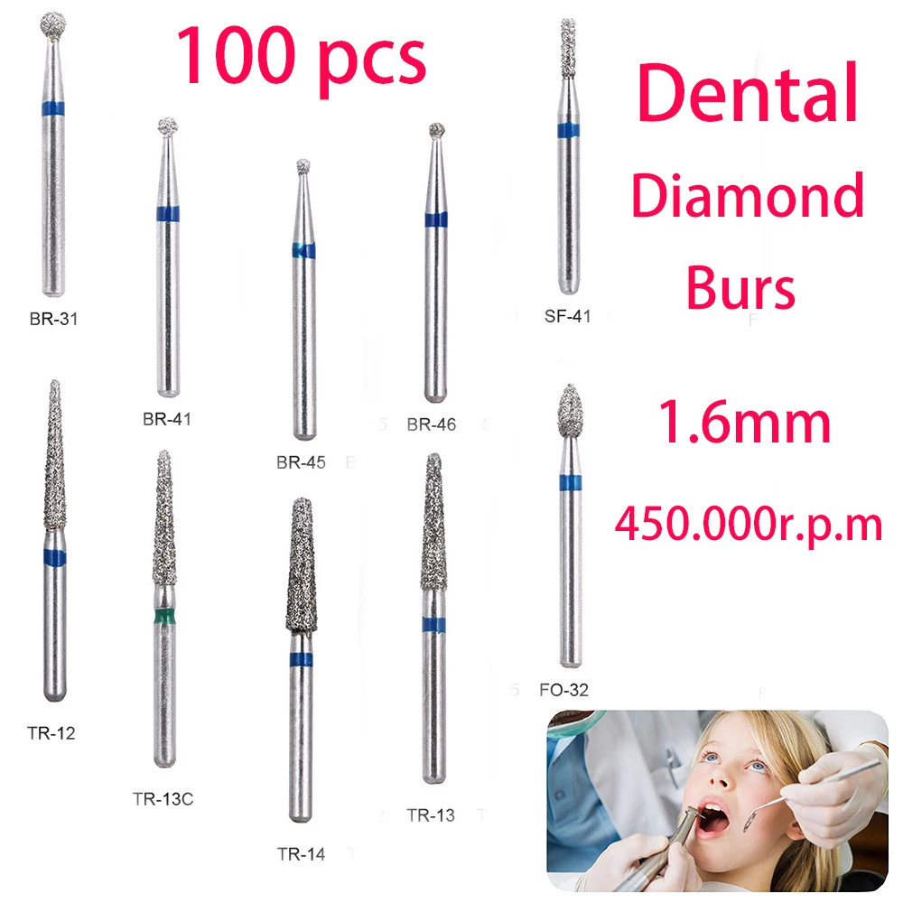 

100 pcs BR-31 Dental Diamond Burs Drill Dentistry Burs High Speed Handpiece Handle Diameter 1.6mm Dentist Tools BR-41 TR-13 FO32