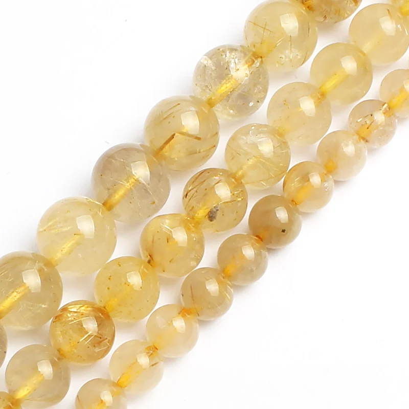 

Natural Gold Rutilated Quartz Stone Round Loose Beads For Jewelry Making Bracelet 15inch 6/8/10mm Pick Size