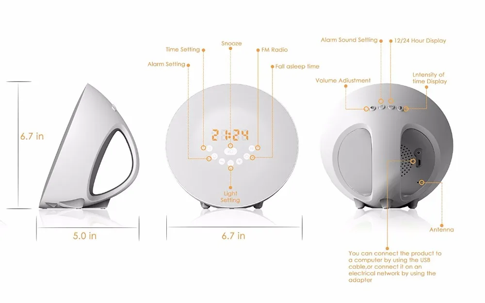 Будильник С восходом солнца, светильник с будильником с 6 звуками природы, fm-радио, Ночной светильник 7 цветов, Функция Smart Snooze/bluetooth