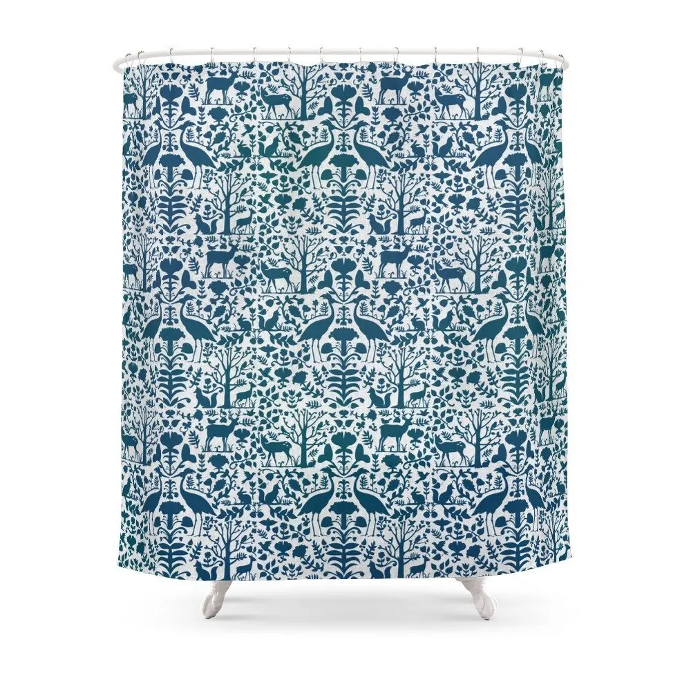 Folk Art Pattern Blue Teal On Gray Shower Curtain Waterproof Bathroom Polyester Fabric Bathroom