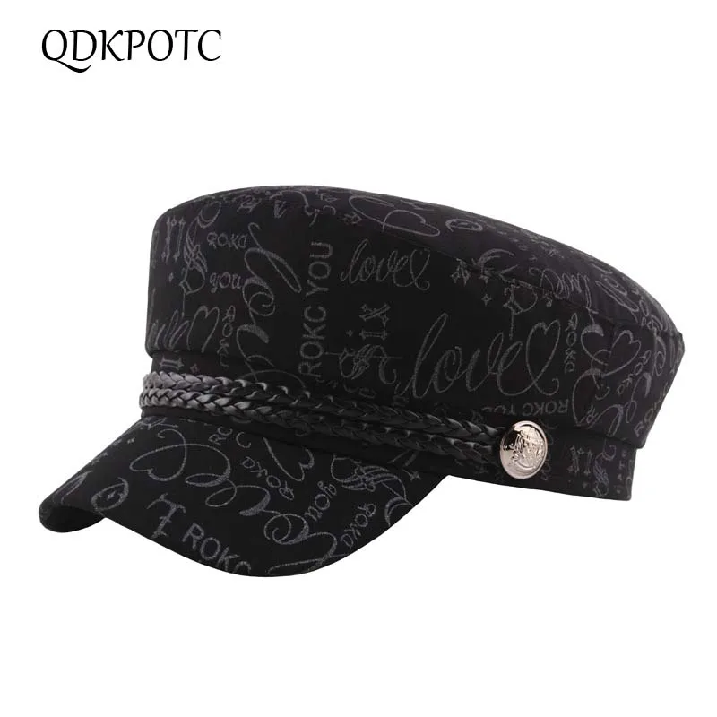 

QDKPOTC 2019 Spring Summer New Military Caps Female Letter Printing Hats Women Flat Top Cotton Visor Cap Sailor Hat Bone Beret