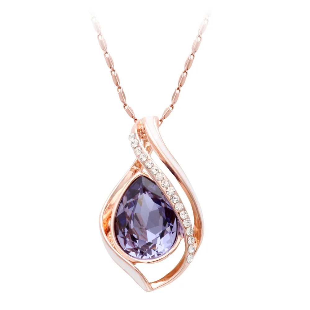 Rose Gold Water Drop Pendant Necklace Hot Sale Purple Rhiestone