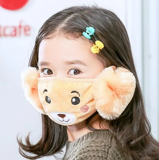 

2018 winter new children's cartoon earmuffs cotton lining bear student two in one warm mask