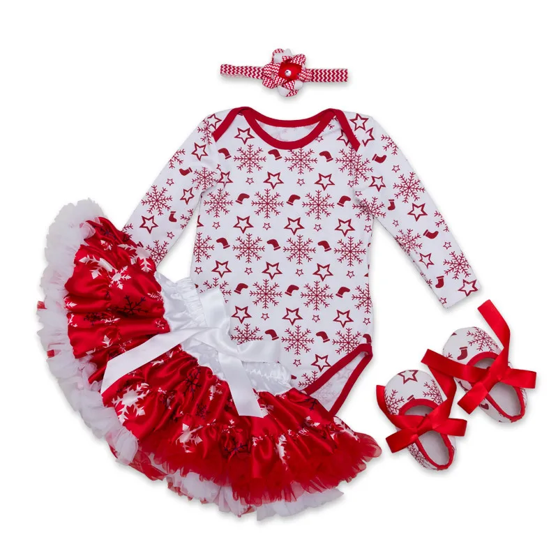 

2016 Christmas Baby Clothes Sets Romper + Skirt +Shoes+Headband Set 4pcs Infant Newborn Baby Clothing Suit Party Girls Outfit