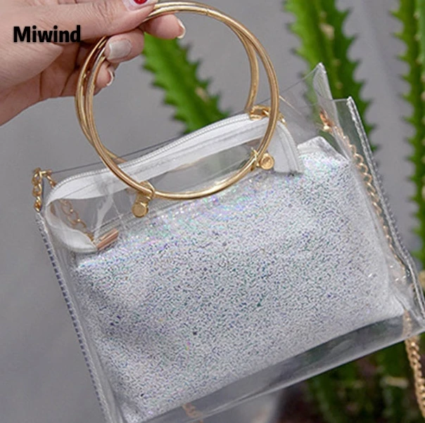 

MIWIND Fashion Korean Ladies Handbag PU Leather Metal Chain Transparent Crossbody Messenger Bags Women Girls Shoulder Bag FA$B