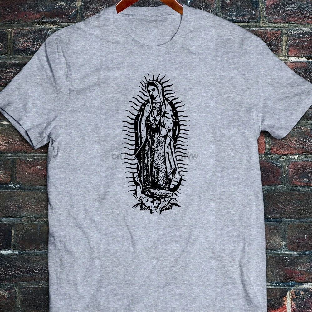 

2019 Men T Shirt Fashion O-Neck Tshirt Homme Virgin Mary Virgen De Guadalupe Jesus Catholic Mens Gray T-Shirtcool Tees