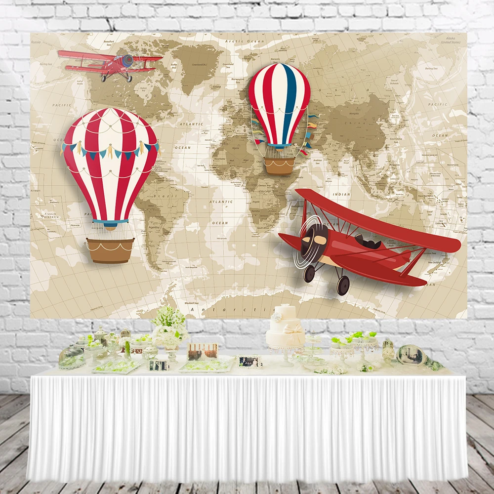 HUAYI World Map Birthday Backdrop Cartoon Air Balloon Airplane Adventure Kids 1st Birthday Party Photography Background w-2076