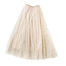 Осенняя Корейская элегантная плиссированная женская Юбка-миди с высокой талией, блестящая трехслойная сетчатая сказочная Женская юбка из тюля