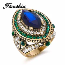 FAMSHIN Luxury Vintage Jewelry Big Wedding Rings For Women Gold Color Mosaic Green Crystal 2018 New Fashion Accessories