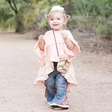 New Sweet Kids Girls Bell Sleeve Ruffles Tees Asymmetric Cotton Linen Pink Color Tops Fashion Blouse Hot Sell