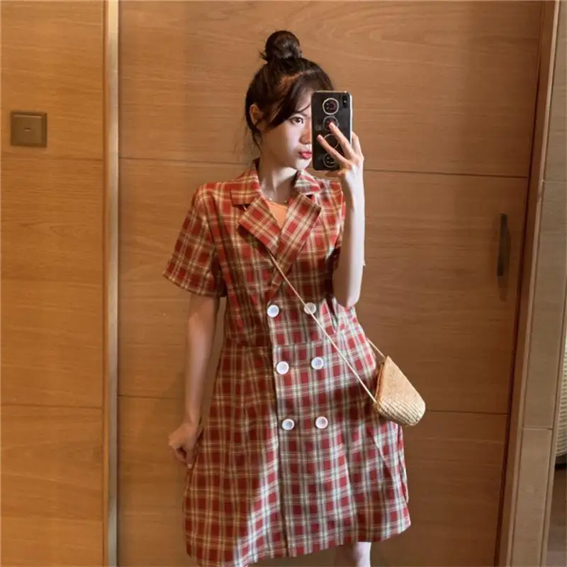 

Retro Suit Collar Plaid Dress Women's Kawaii Lovely Dresses Ins Chic Female Sweet Harajuku Punk Clothes For Women Summer Shirt