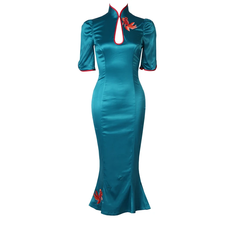 le palais vintage Classic Chinese Chipao Satin Mermaid Dress Slim High Rise Side Slits Designed Embroidery Dress 2019 Spring