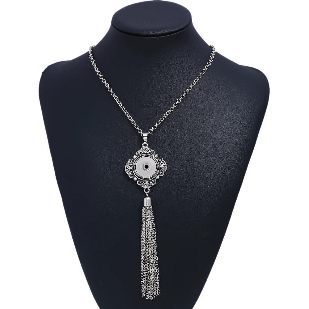 

Life tree leafeTassel Necklace Silver Long Snap Pendant Necklace with 80cm Chains fit 18mm Snap Button Necklace Jewelry IB015