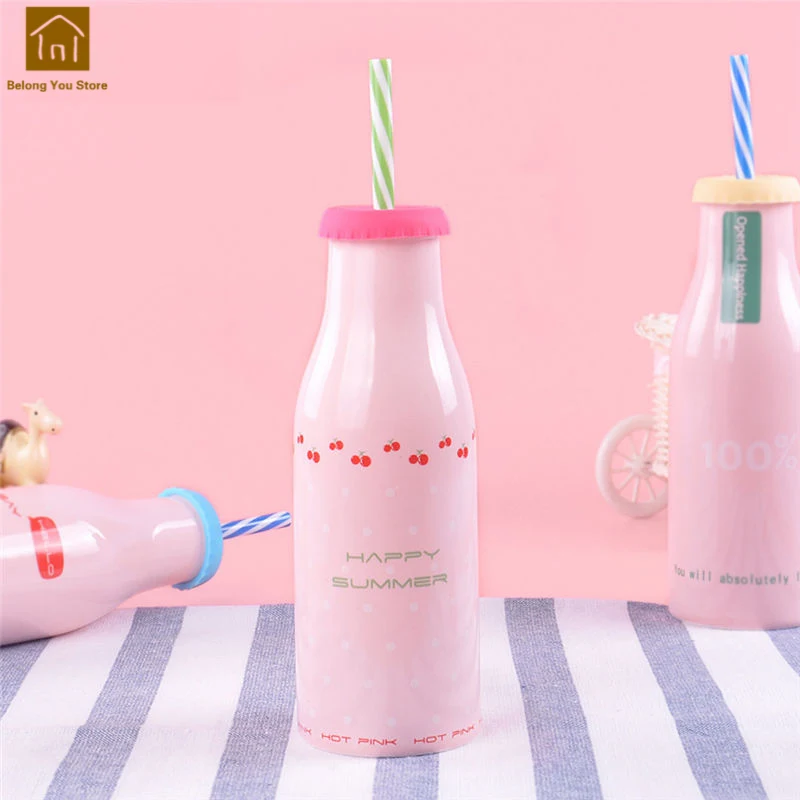 Керамические бутылки для воды, крышки, портативные милые Mamadeira Flasche для детей, Мультяшные бутылки для питьевой воды с соломинкой JKE132 - Цвет: 370ml Style S