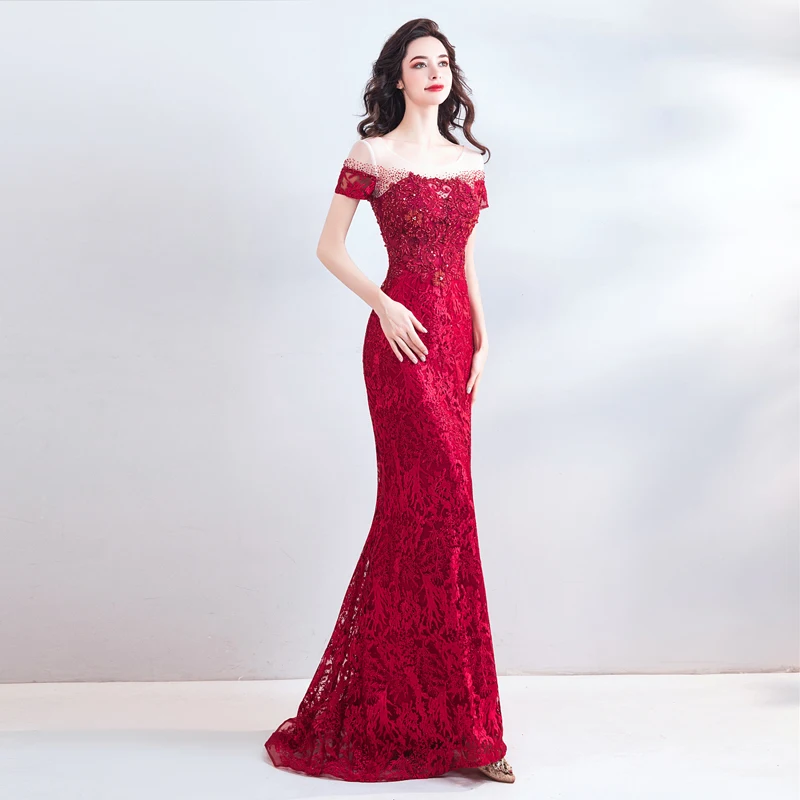red lace fishtail prom dress