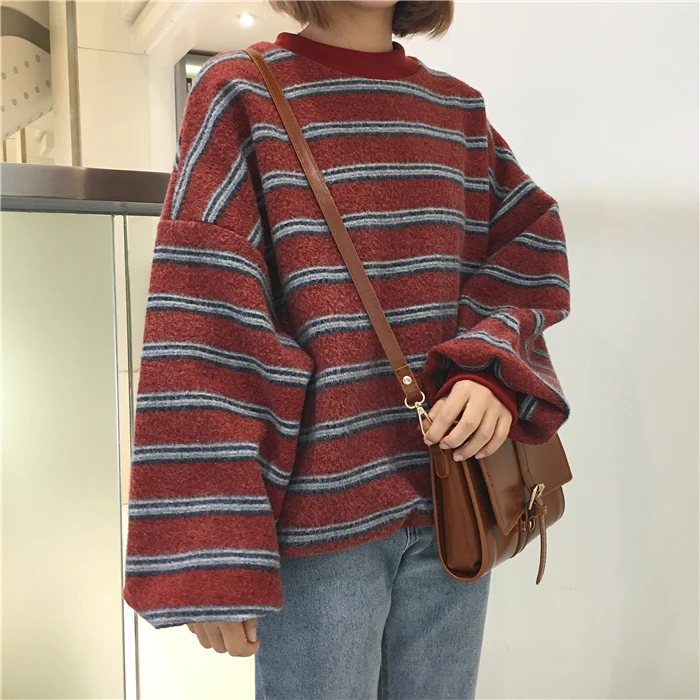 Южная Корея ulzzang Harajuku ветер свободные bf хит цвет в полоску утолщенной шерстяной