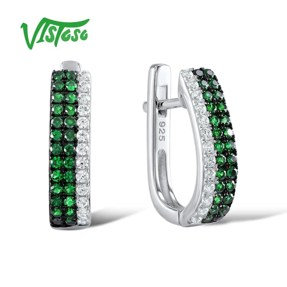 

VISTOSO 925 Round Green Spinel Sterling Silver Stud Earrings Jewelry Round White Cubic Zircon Luxury Ear Stud Earrings For Women